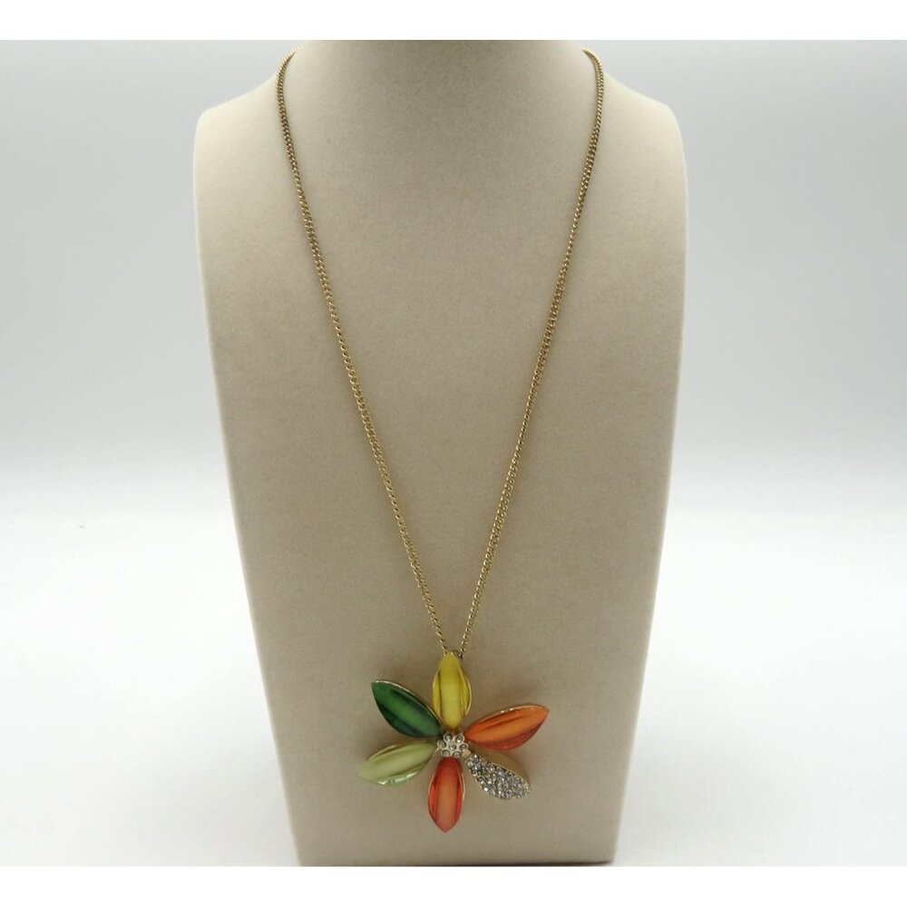Vintage Flower Pendant 18" Necklace Green Orange Yellow Petals Pave Rhinestones